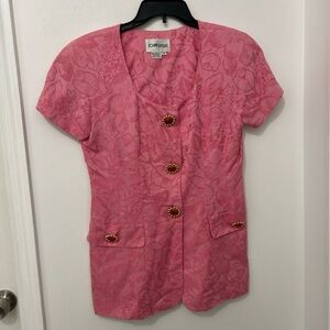 VTG Joan Leslie Pink Floral Linen-Cotton Blouse Barbie Glam Size 10 Fun Buttons